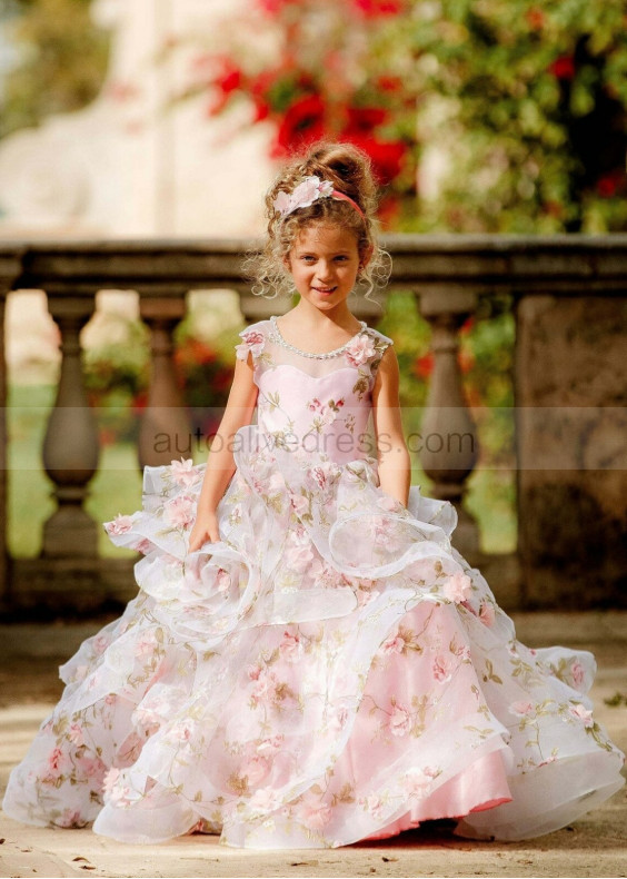 Beaded Neck Pink Printed Organza 3D Floral Romantic Flower Girl Dress
